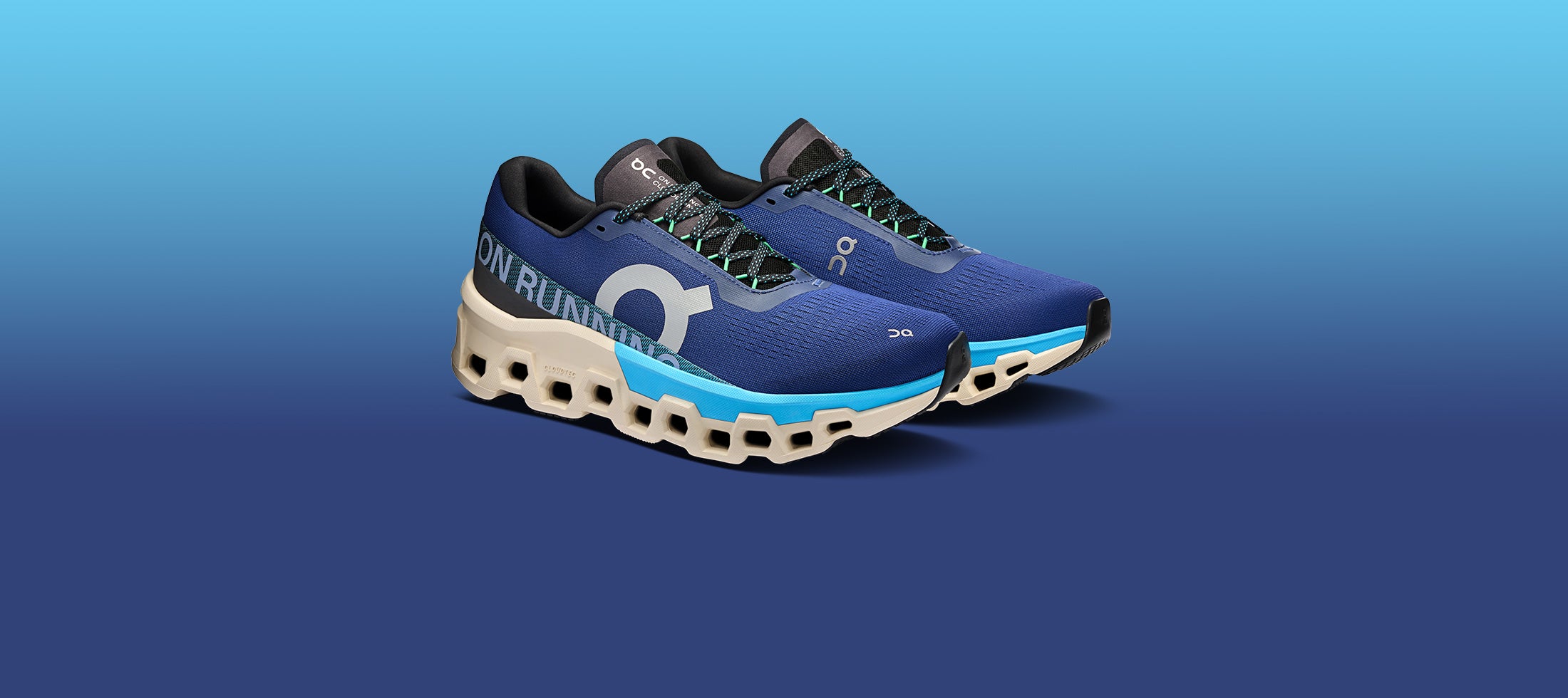 Blue Cloudmonster 2 running shoes with white sole on a blue background
