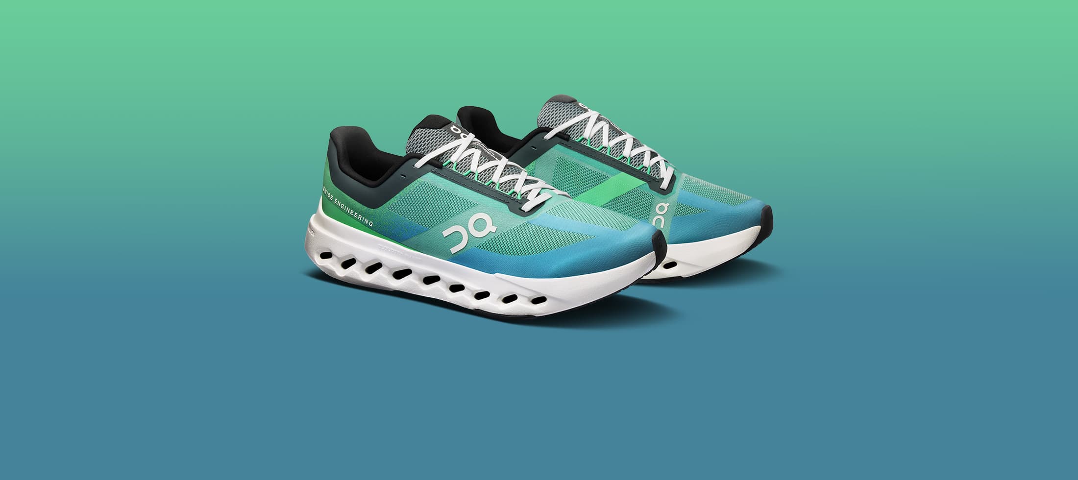 Blue running Cloudsurfer Next shoes with white sole on a gradient green to blue background