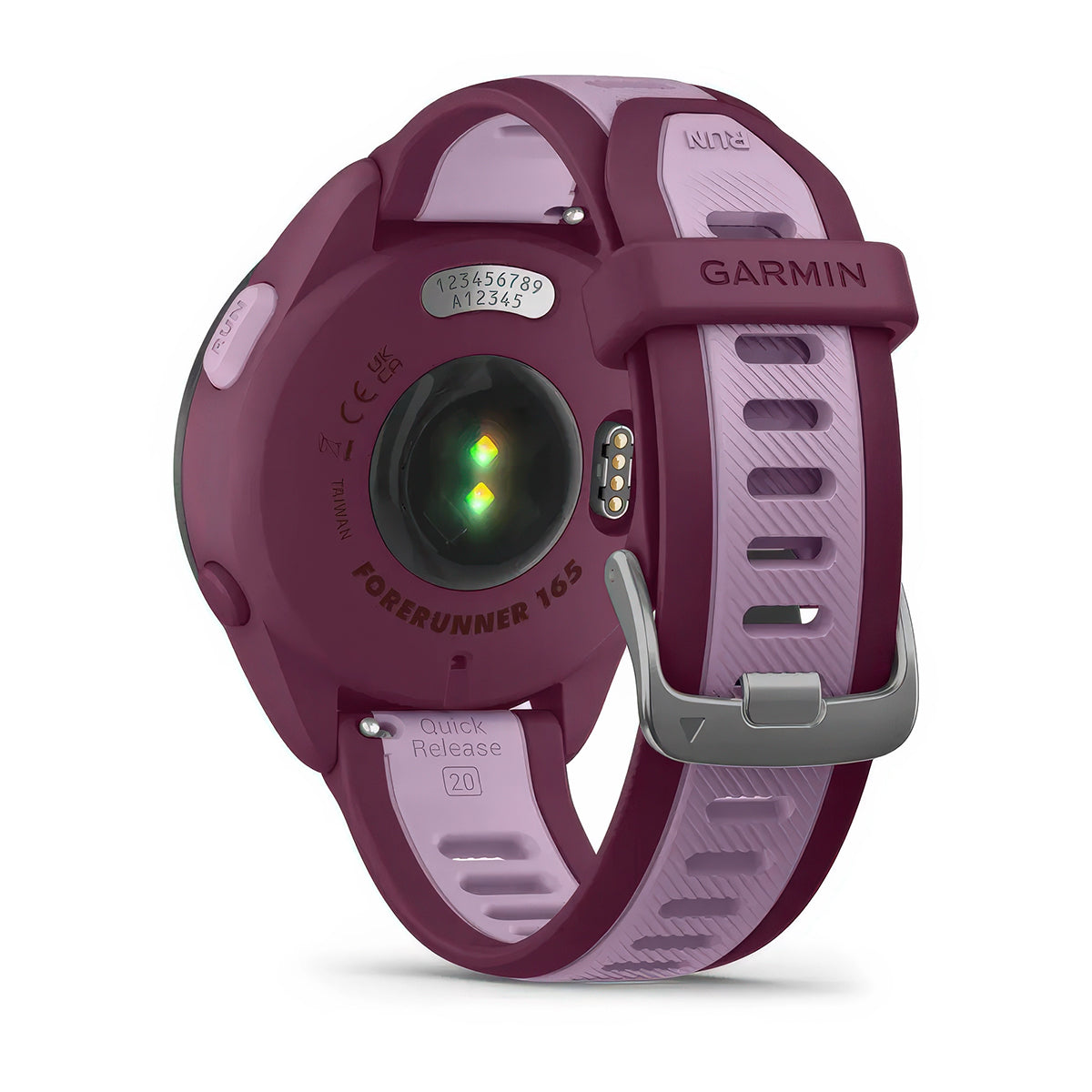 Rear product shot of the Garmin Forerunner 165 Music showing back sensor in Berry-Lilac