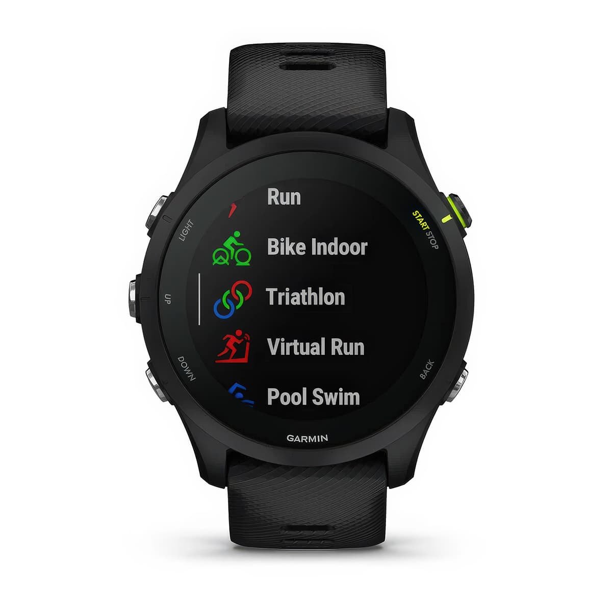 Front product shot of the Garmin Forerunner 255Music showing built-in sports apps feature in Black