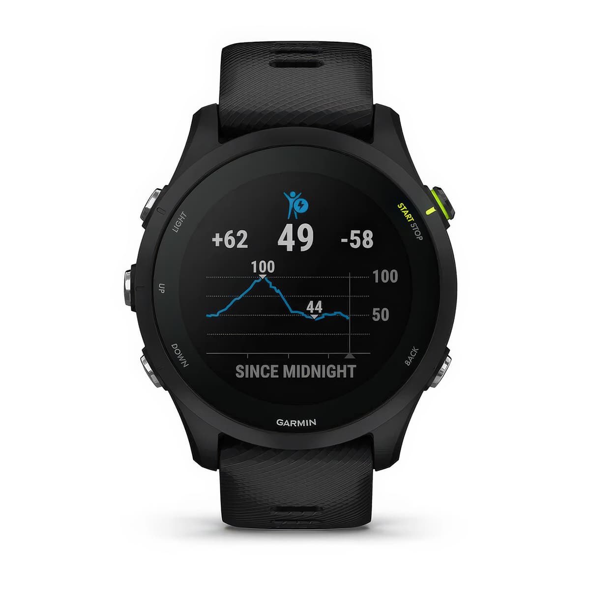 Front product shot of the Garmin Forerunner 255Music showing Body Battery energy monitoring in Black