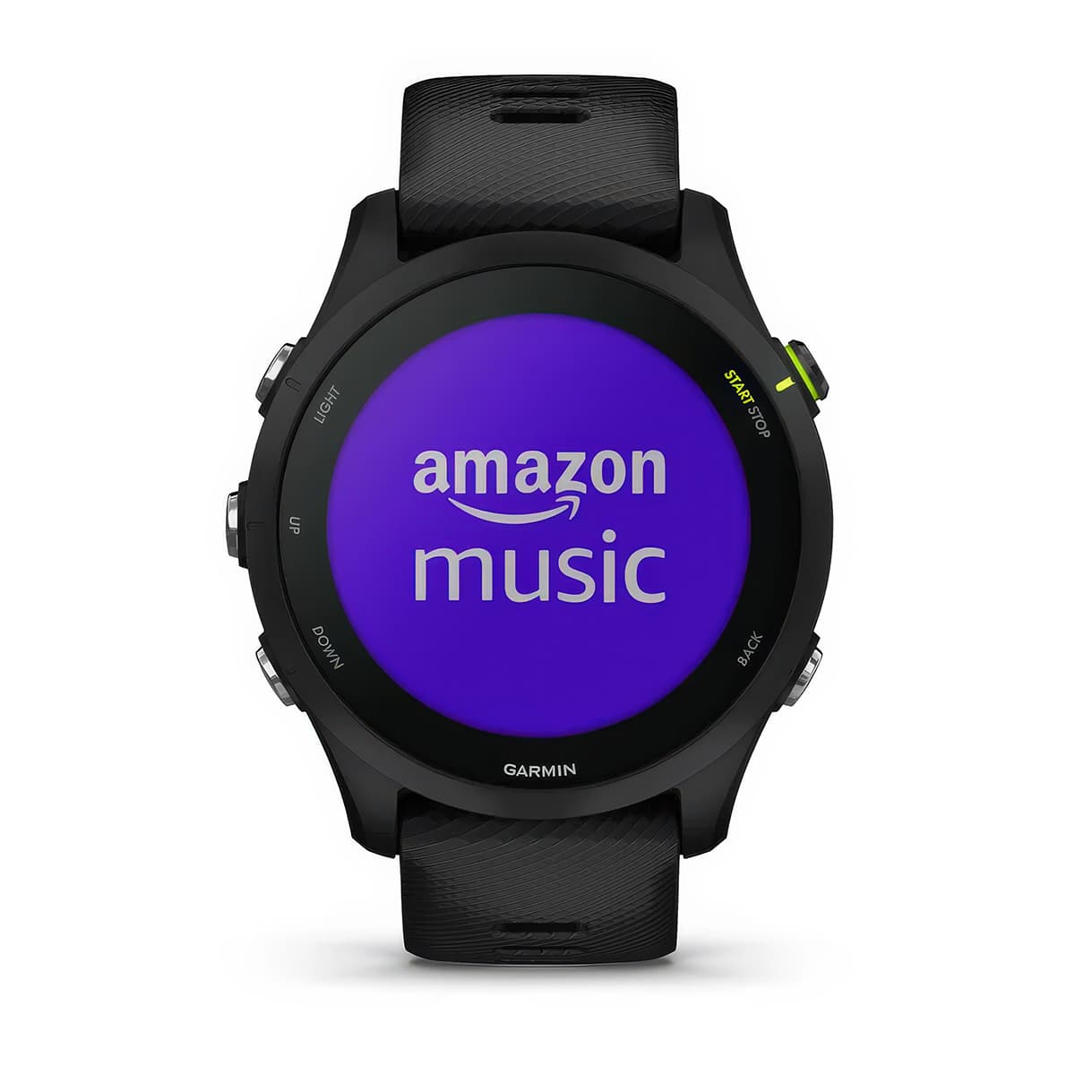 Front product shot of the Garmin Forerunner 165 Music showing music feature in Black