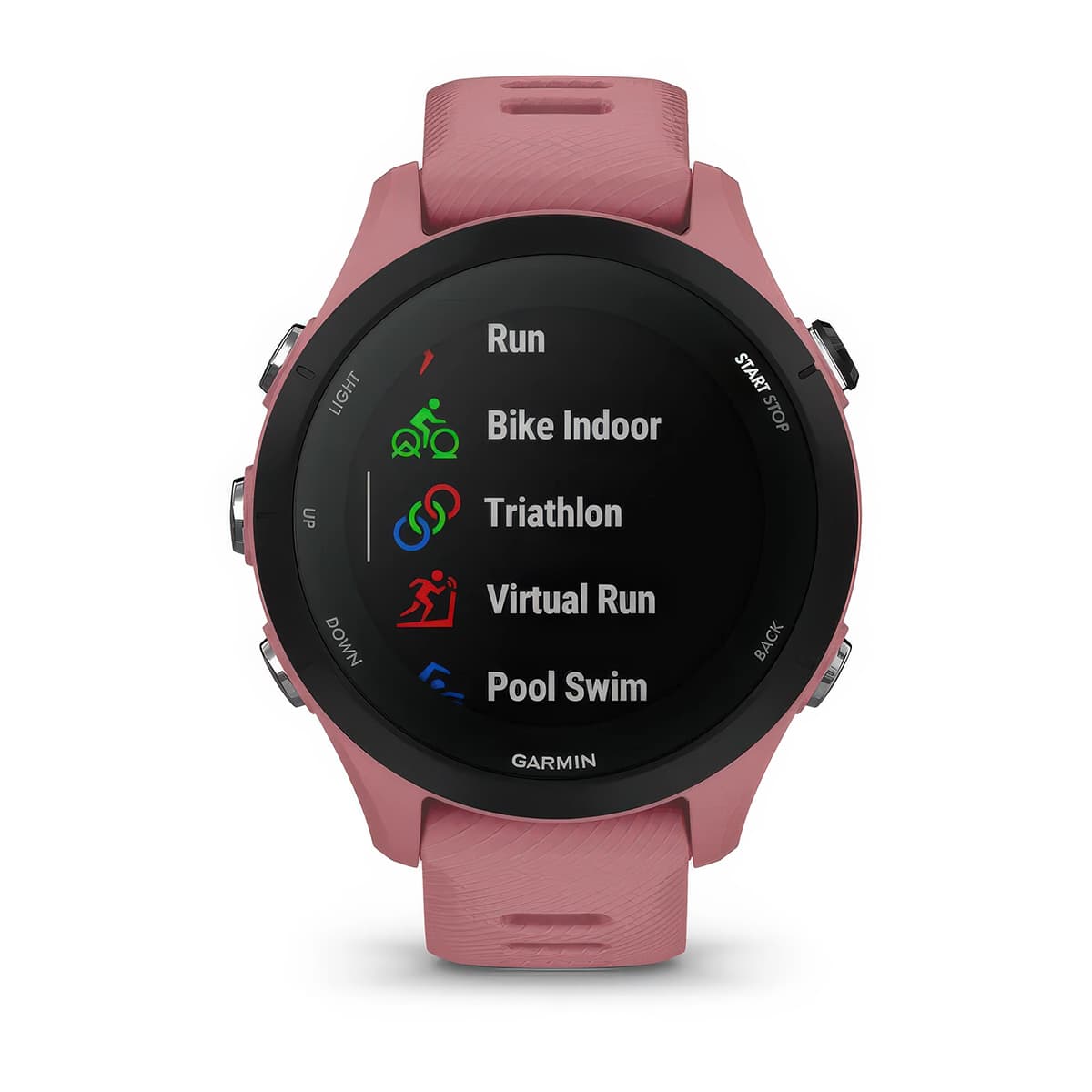 Front product shot of the Garmin Forerunner 255S showing Built-In Sports Apps feature in Light Pink