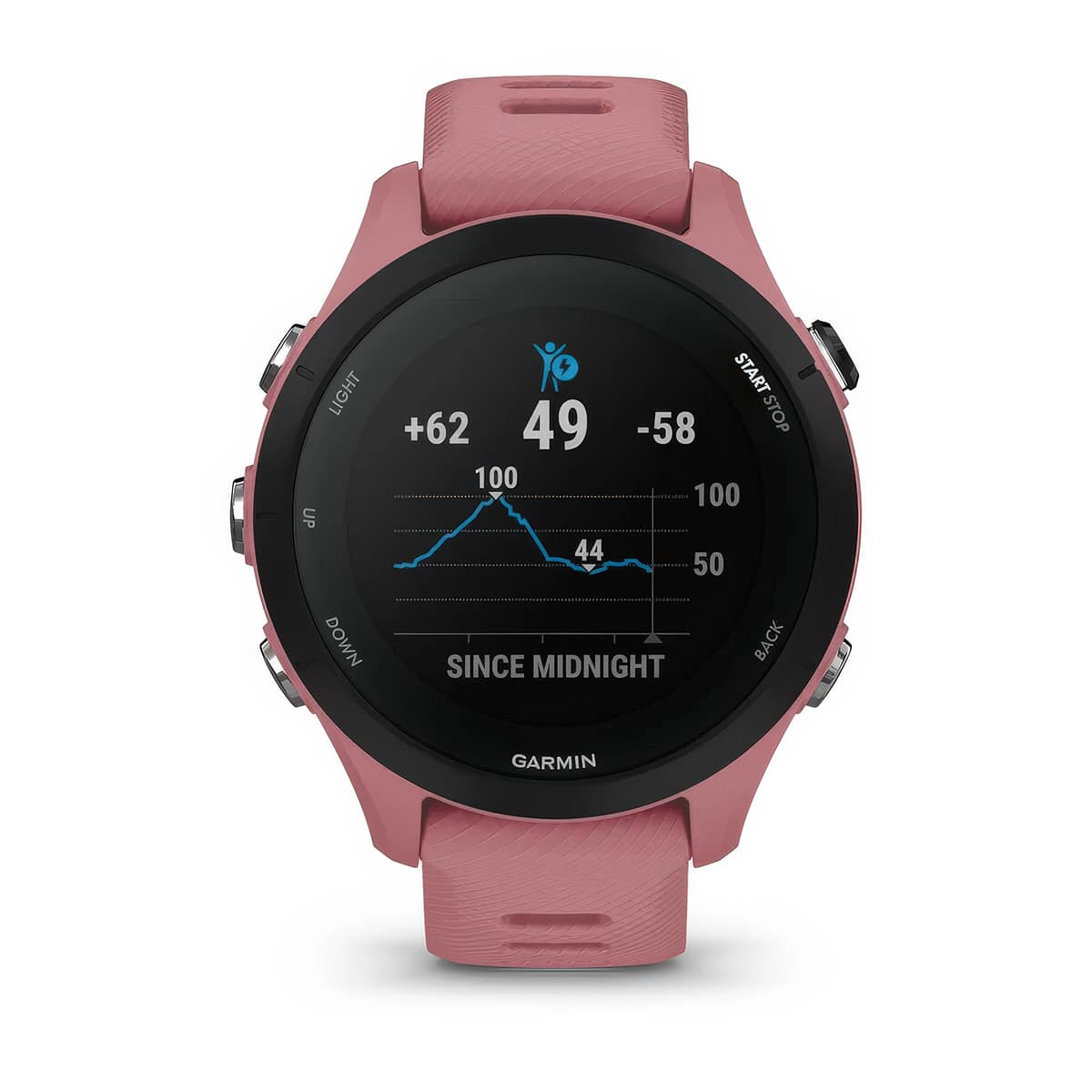 Front product shot of the Garmin Forerunner 255S showing Body Battery™ energy monitoring feature in Light Pink