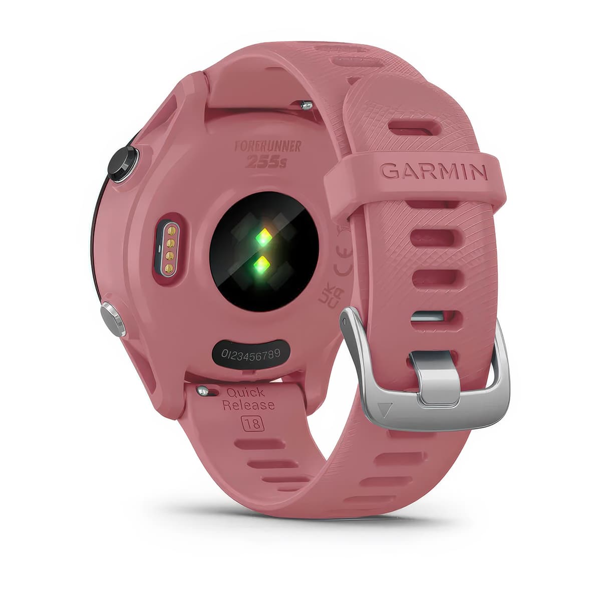 Rear product shot of the Garmin Forerunner 255S showing back sensor in Light Pink