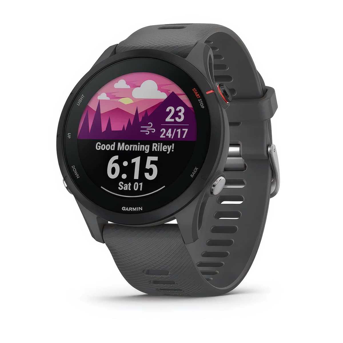 Front product shot of the Garmin Forerunner 255 showing Morning Report feature in Slate Grey