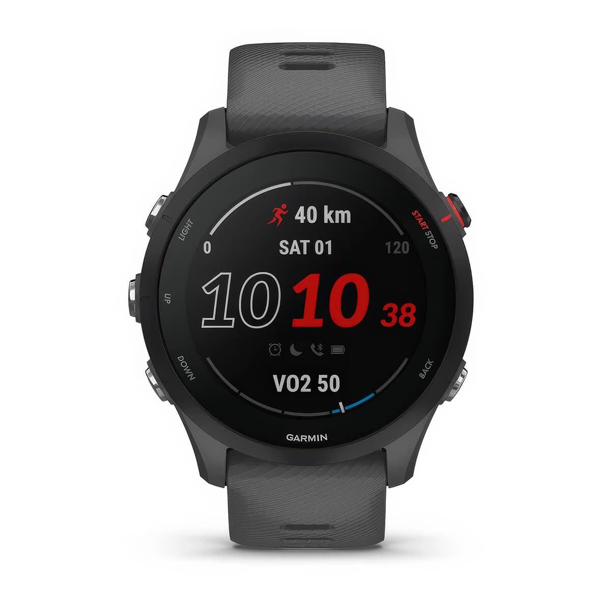 Front product shot of the Garmin Forerunner 255 showing Glances feature in Slate Grey