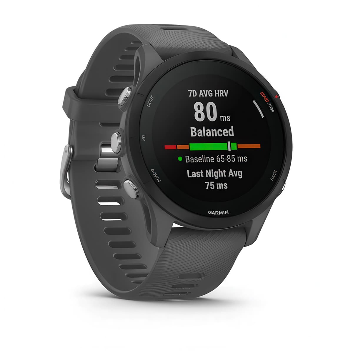 Front-right product shot of the Garmin Forerunner 255 showing HRV Status feature in Slate Grey