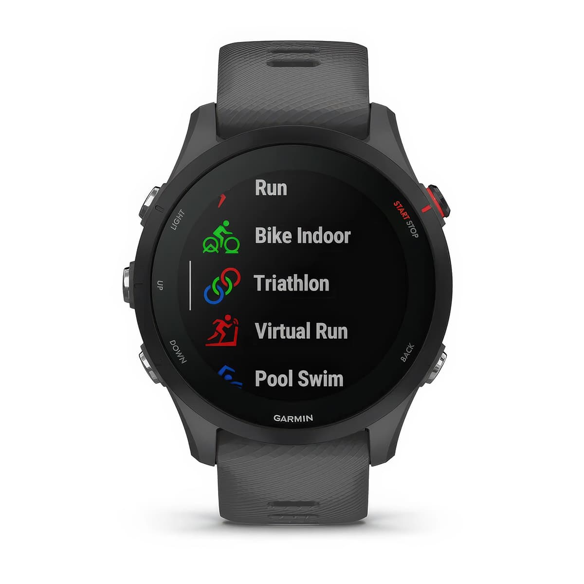 Front product shot of the Garmin Forerunner 255 showing Built-In Sports Apps feature in Slate Grey