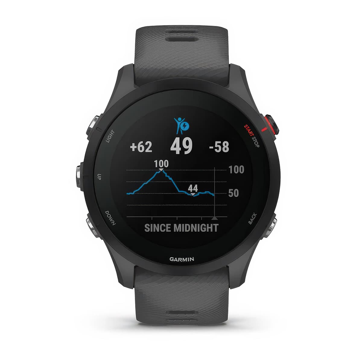 Front product shot of the Garmin Forerunner 255 showing Body Battery™ energy monitoring feature in Slate Grey