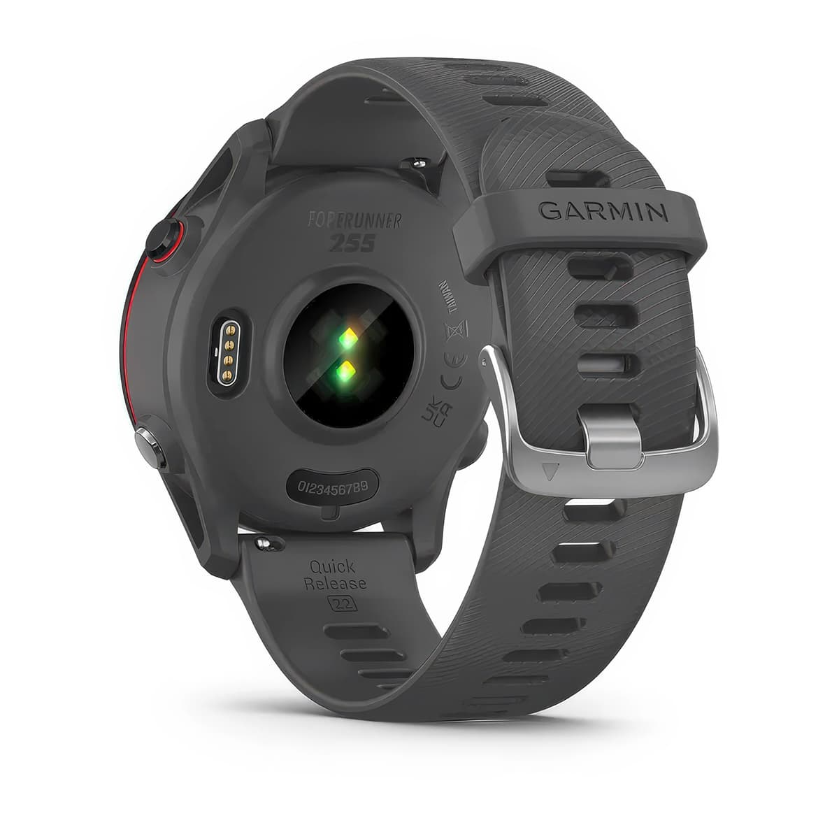 Rear product shot of the Garmin Forerunner 255 showing back sensor in Slate Grey