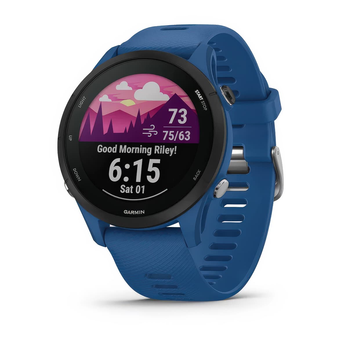 Front product shot of the Garmin Forerunner 255 showing Morning Report feature in Tidal Blue