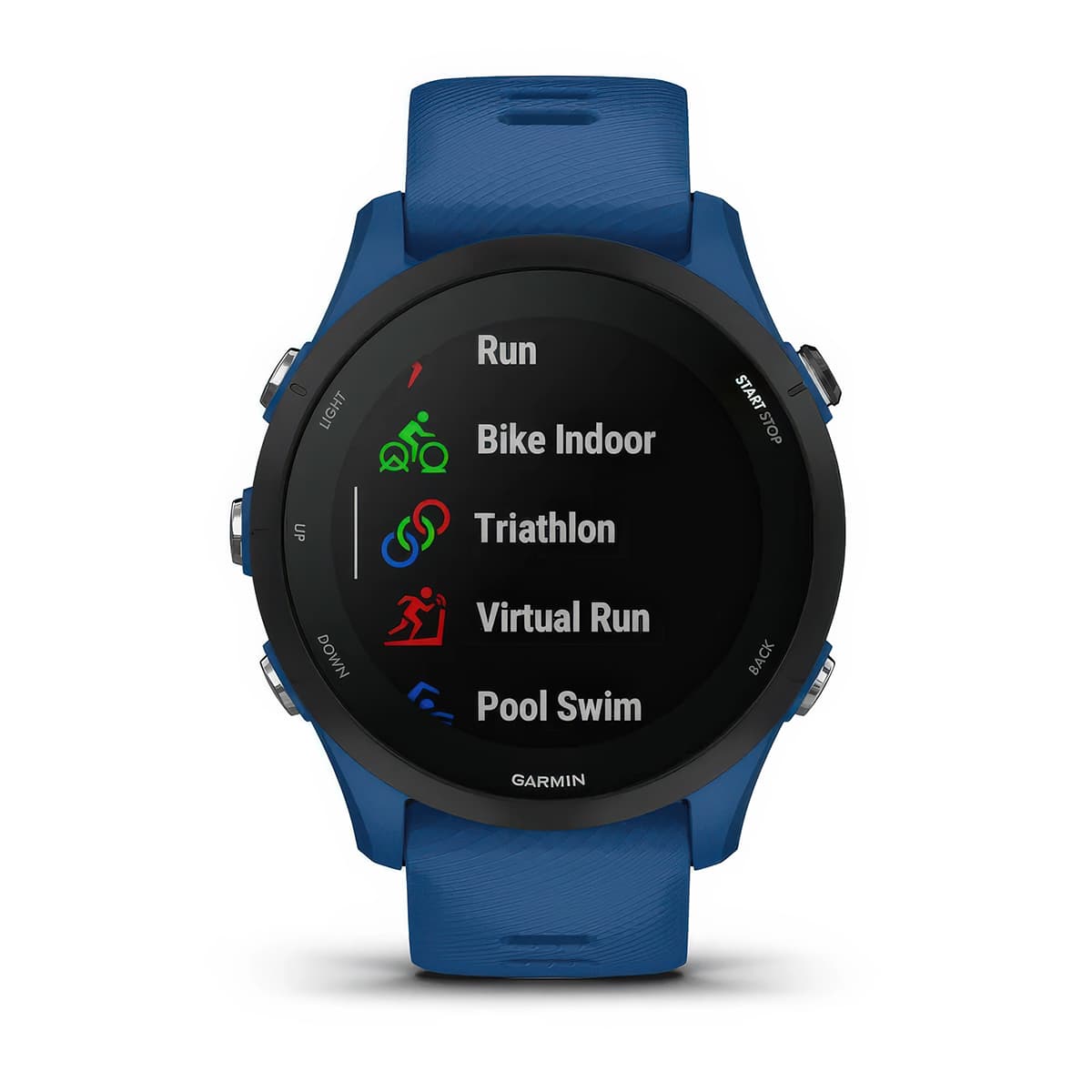 Front product shot of the Garmin Forerunner 255 showing Built-In Sports Apps feature in Tidal Blue