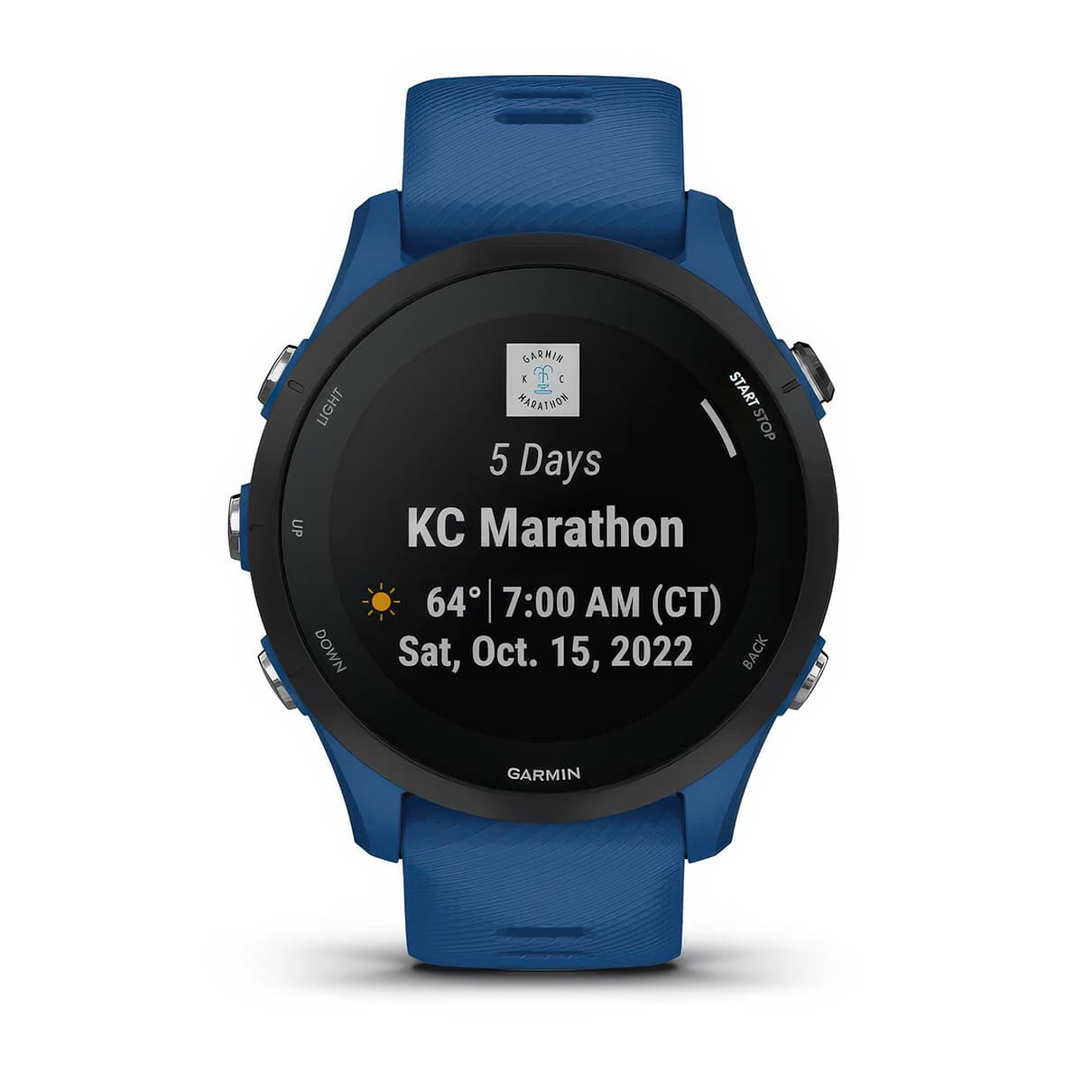 Front product shot of the Garmin Forerunner 255 showing Garmin Coach feature in Tidal Blue