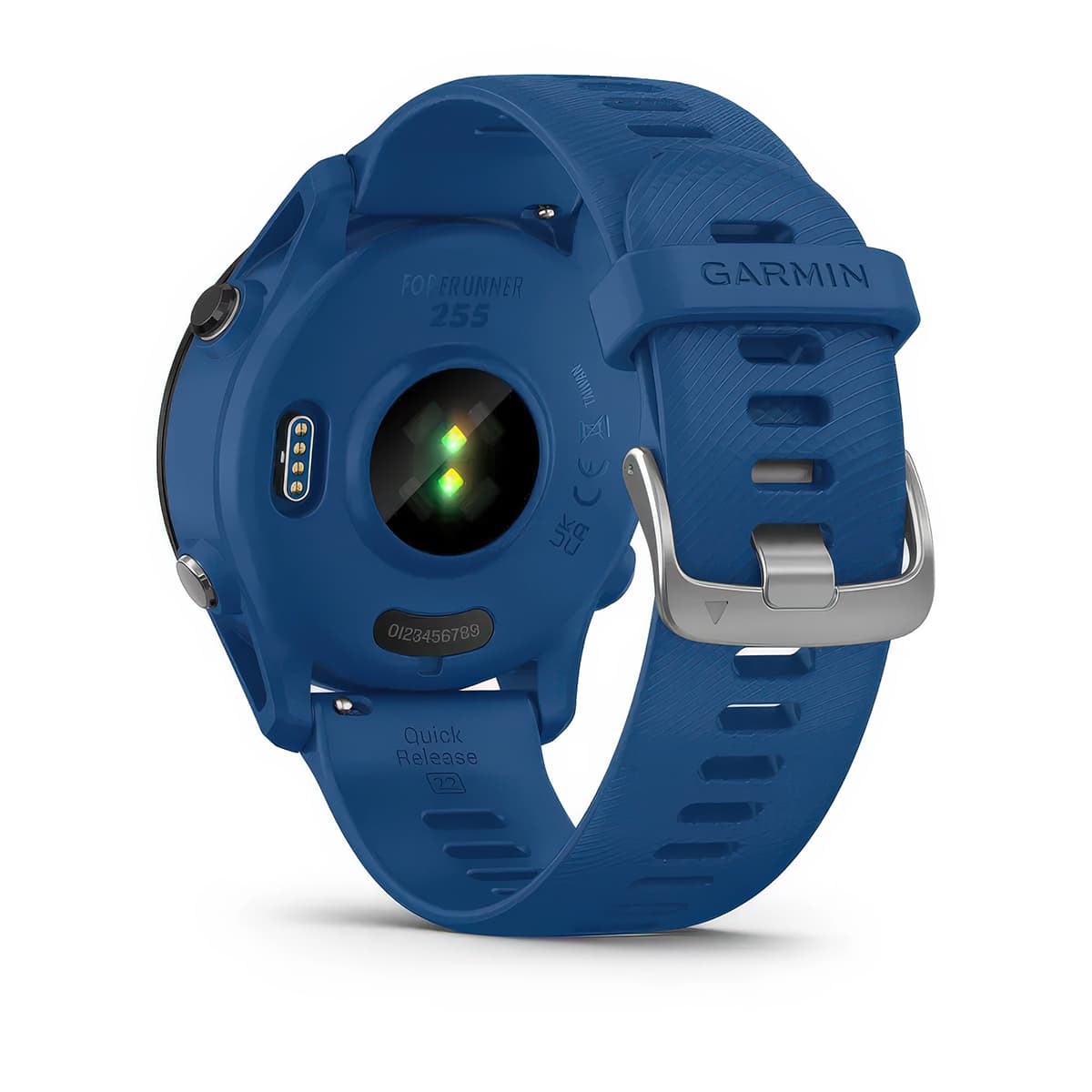 Rear product shot of the Garmin Forerunner 255 showing back sensor in Tidal Blue