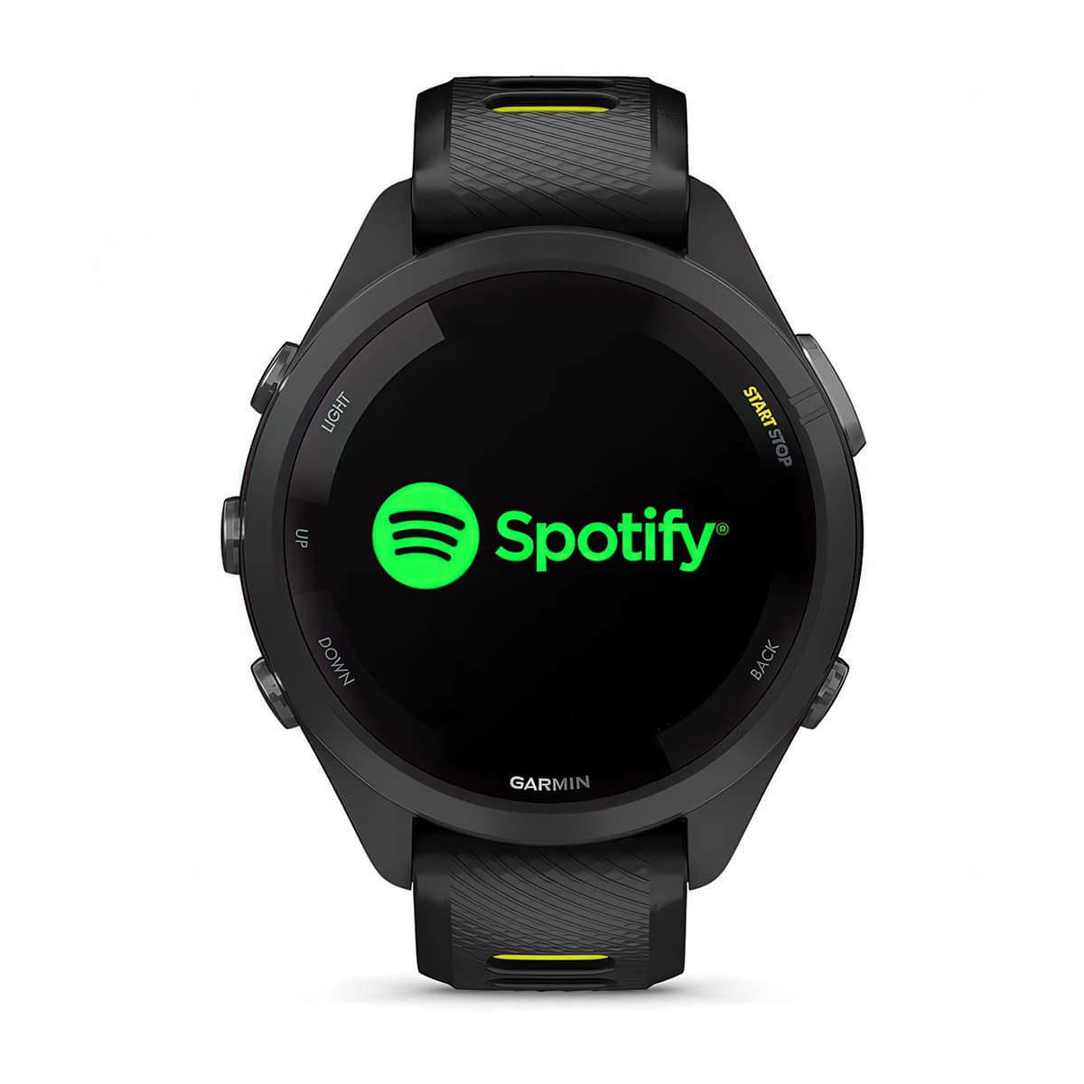 Front product shot of the Garmin Forerunner 265S showing Spotify music feature in Black-Amp Yellow