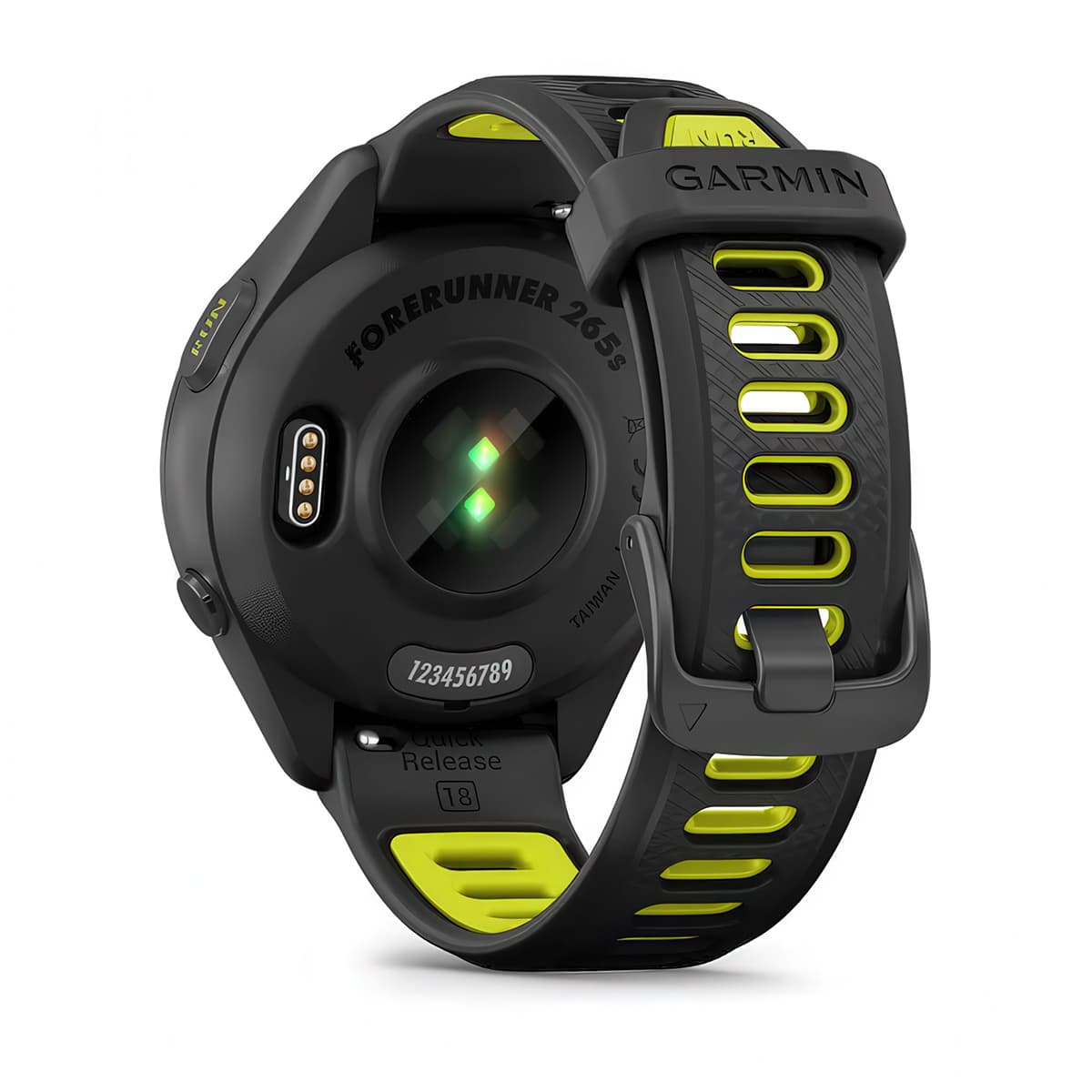 Rear product shot of the Garmin Forerunner 265S showing back sensor in Black-Amp Yellow