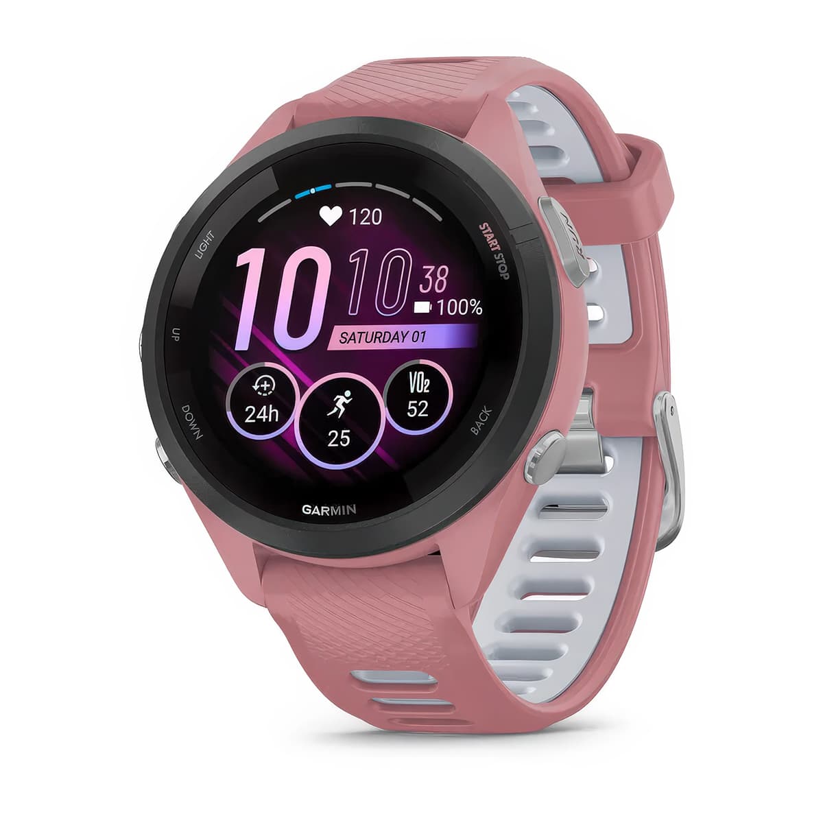 Front-left product shot of the Garmin Forerunner 265S showing Glances feature in Pink-Powder Grey