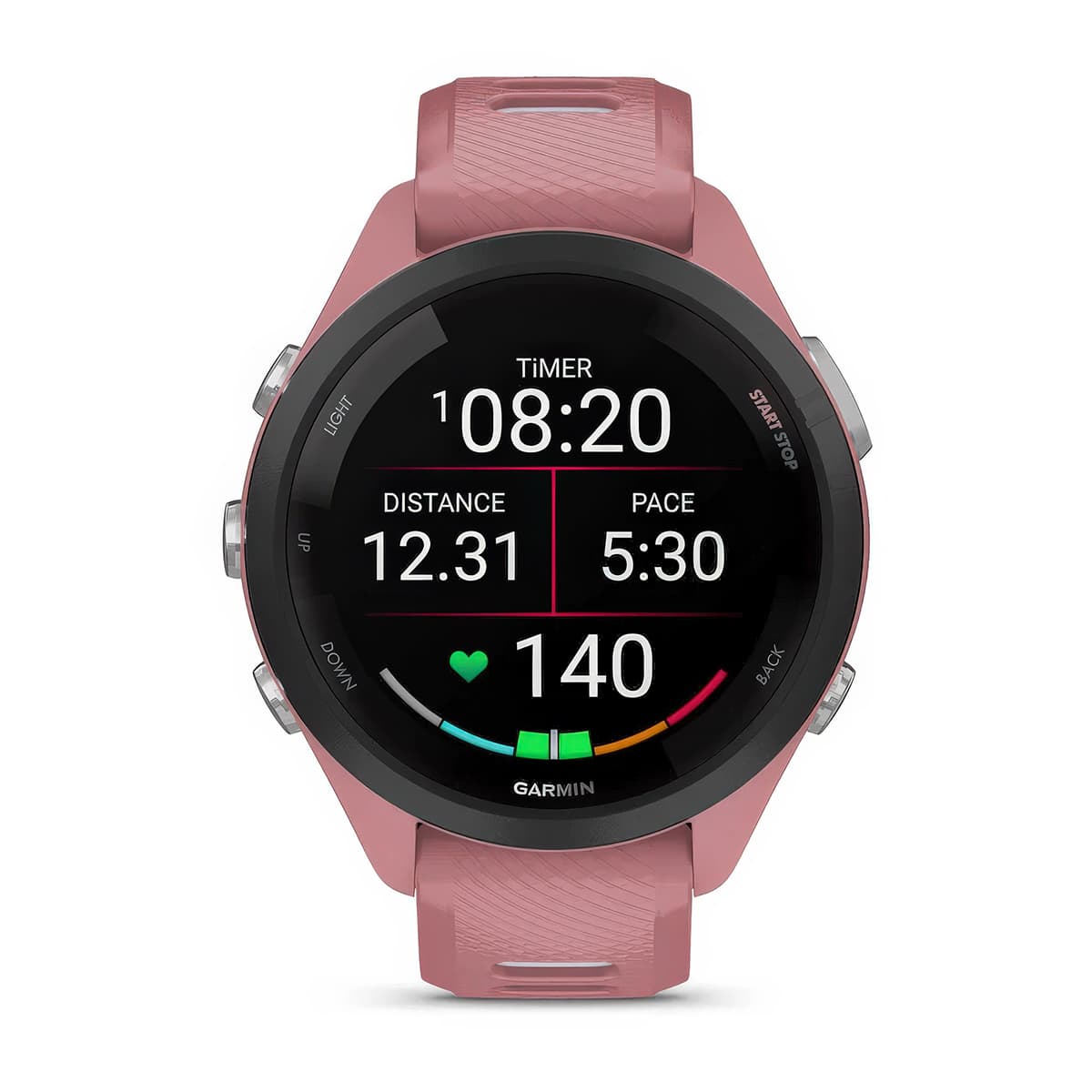 Front product shot of the Garmin Forerunner 265S showing pace and distance stats in Pink-Powder Grey