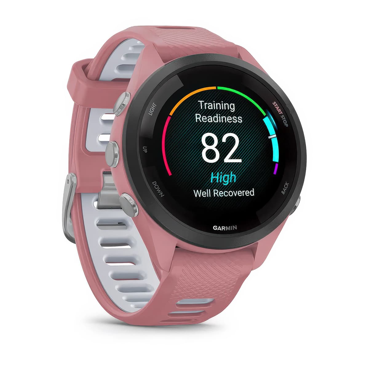 Front-right product shot of the Garmin Forerunner 265S showing Training Readiness feature in Pink-Powder Grey