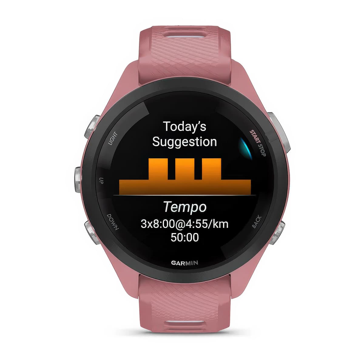 Front product shot of the Garmin Forerunner 265S showing Daily Suggested Workouts feature in Pink-Powder Grey