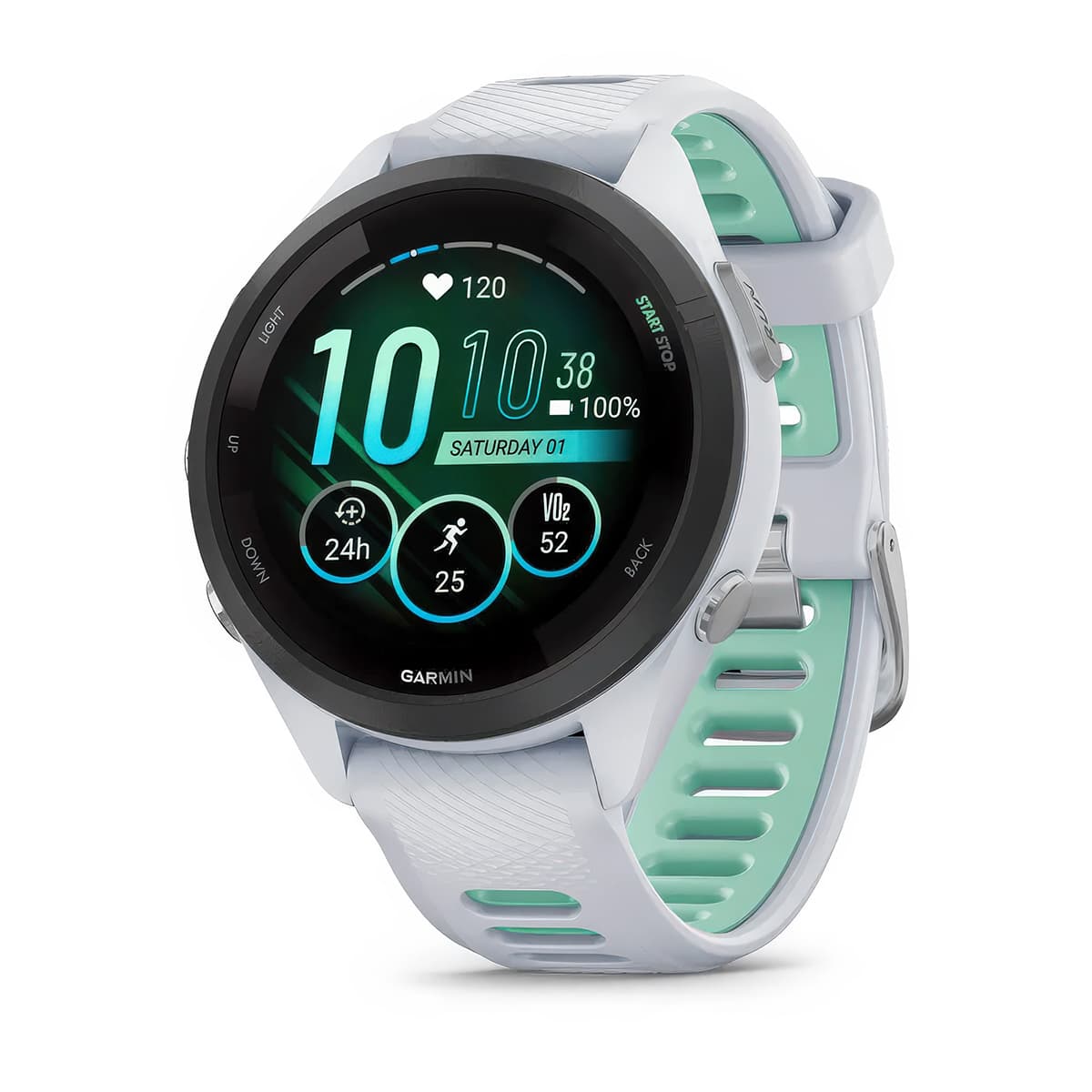 Front-left product shot of the Garmin Forerunner 265S showing Glances feature in Whitestone-Neo Tropic