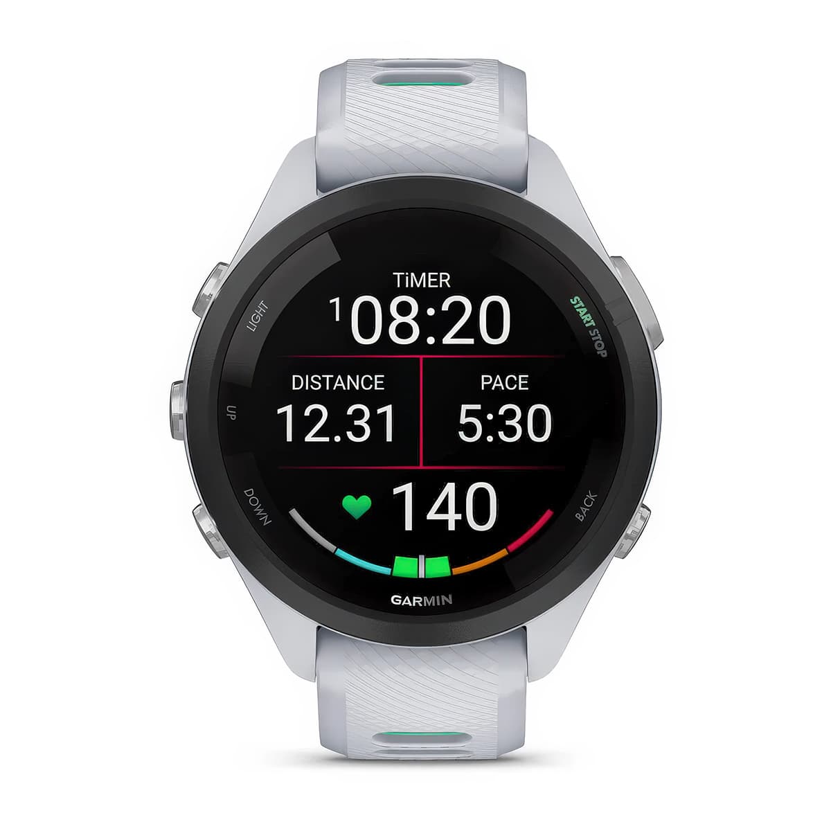 Front product shot of the Garmin Forerunner 265S showing pace and distance stats in Whitestone-Neo Tropic