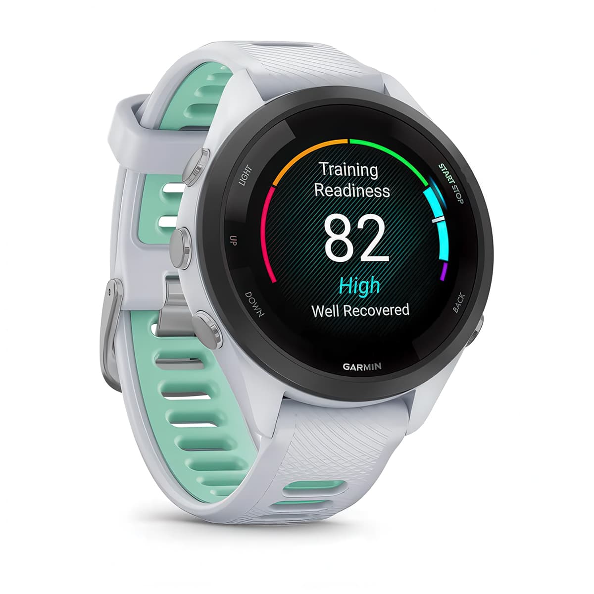 Front-right product shot of the Garmin Forerunner 265S showing Training Readiness feature in Whitestone-Neo Tropic