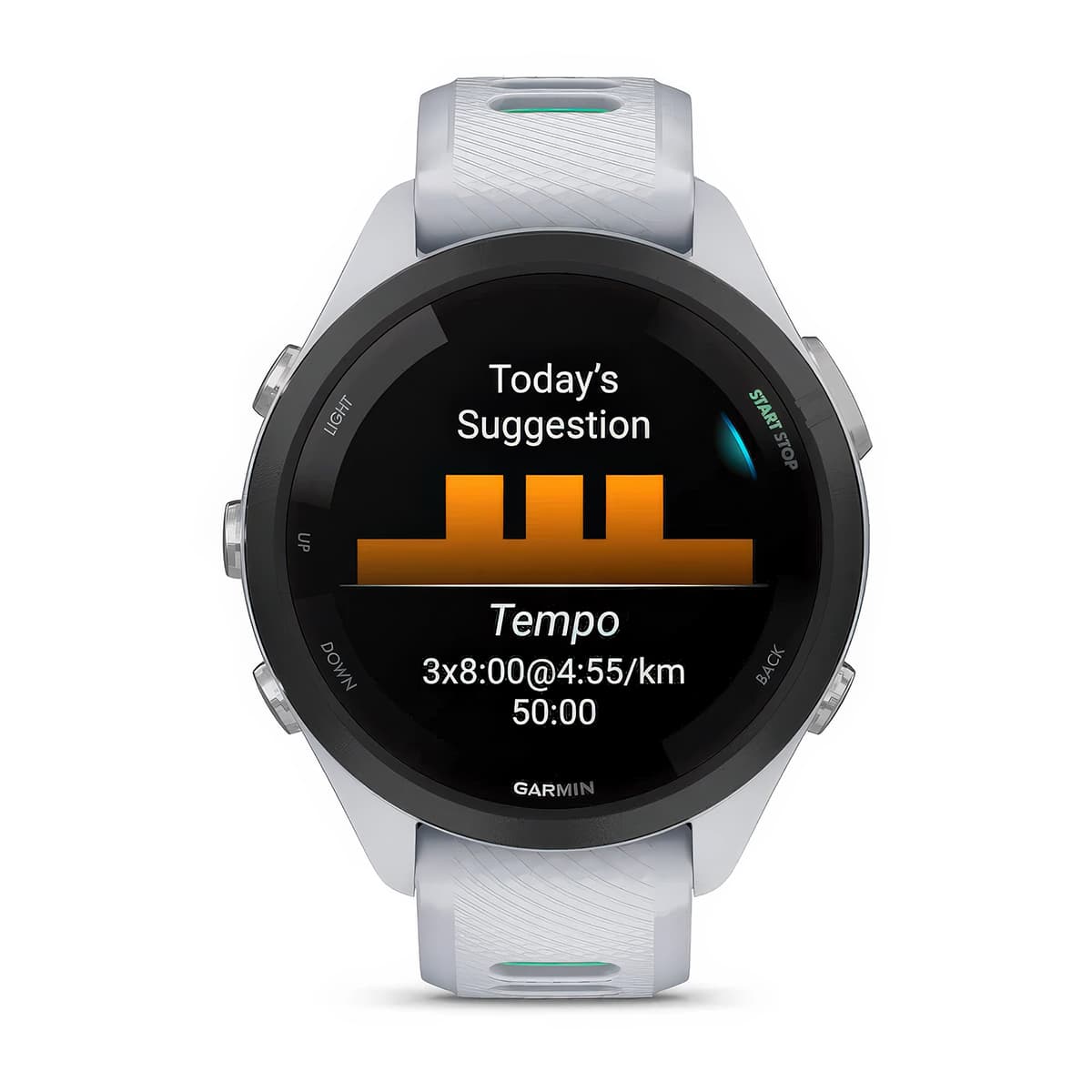 Front product shot of the Garmin Forerunner 265S showing Daily Suggested Workouts feature in Whitestone-Neo Tropic