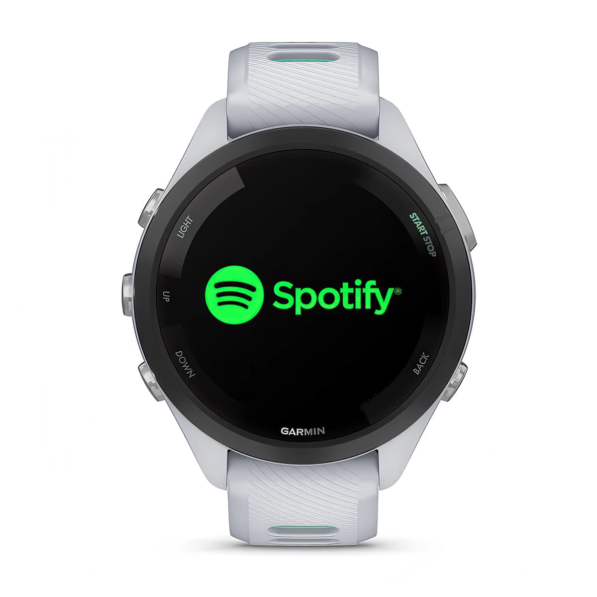Front product shot of the Garmin Forerunner 265S showing Spotify music feature in Whitestone-Neo Tropic