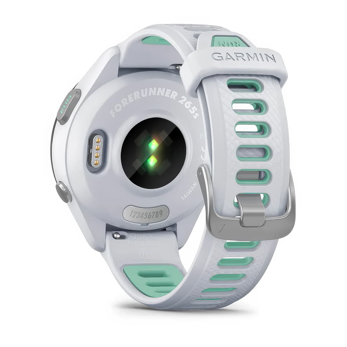 Rear product shot of the Garmin Forerunner 265S showing back sensor in Whitestone-Neo Tropic
