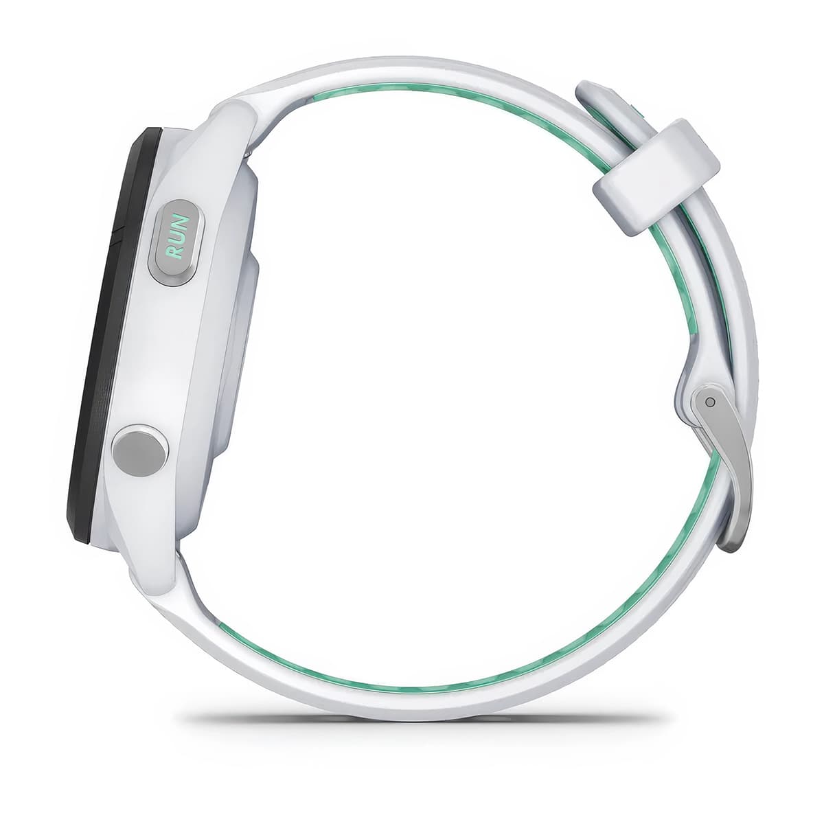 Left-side product shot of the Garmin Forerunner 265S in Whitestone-Neo Tropic