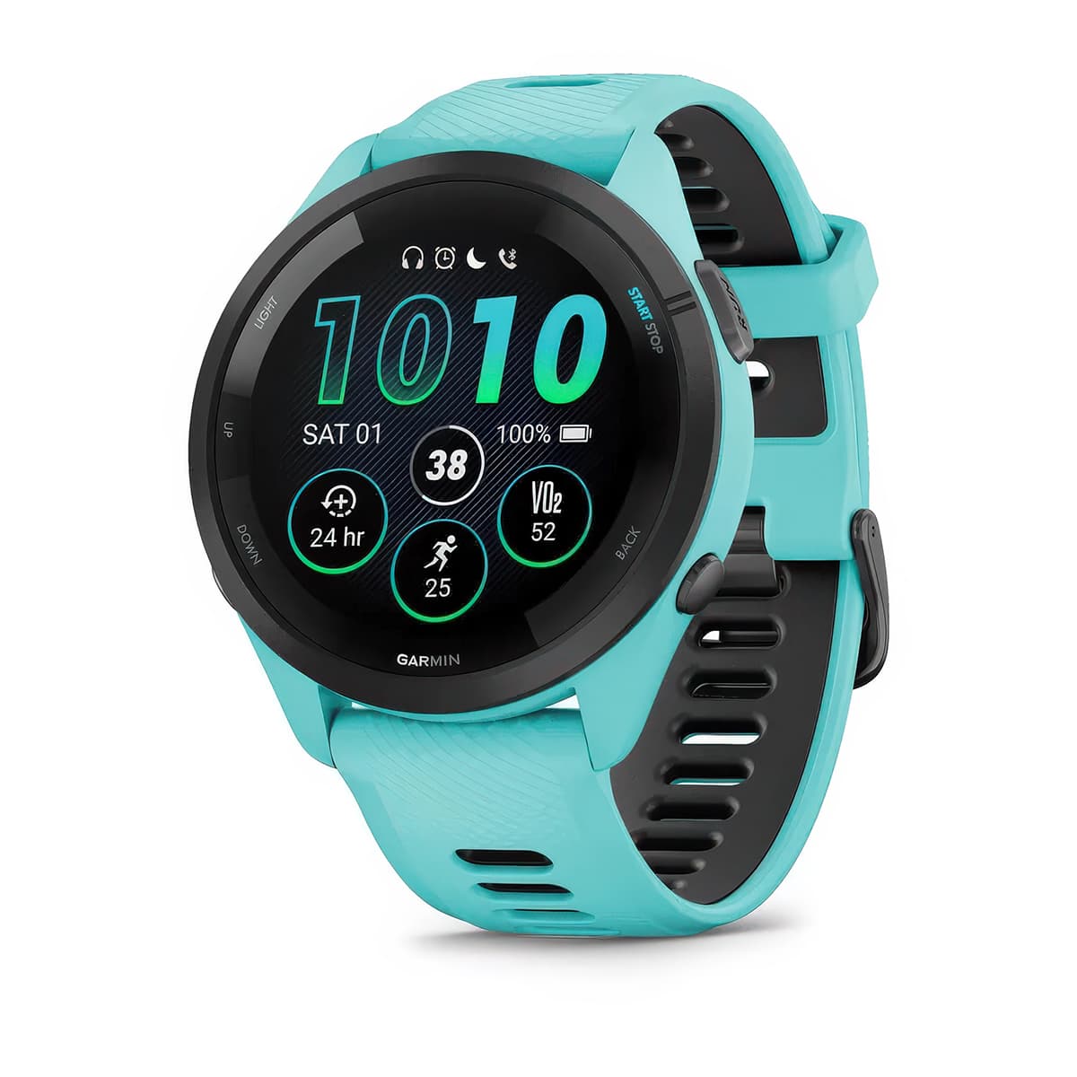 Front-left product shot of the Garmin Forerunner 265 showing Glances feature in Aqua-Black