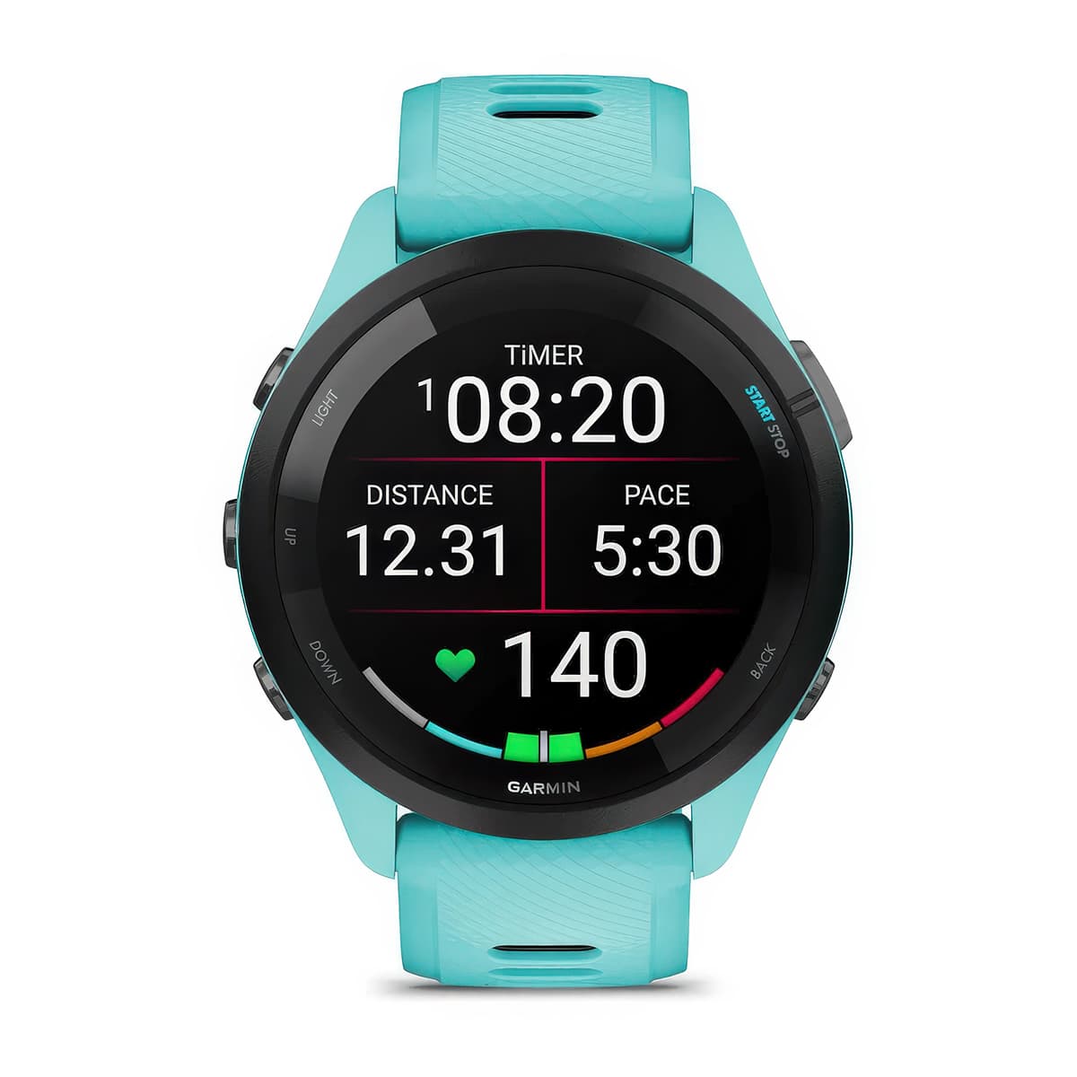 Front product shot of the Garmin Forerunner 265 showing pace and distance stats in Aqua-Black