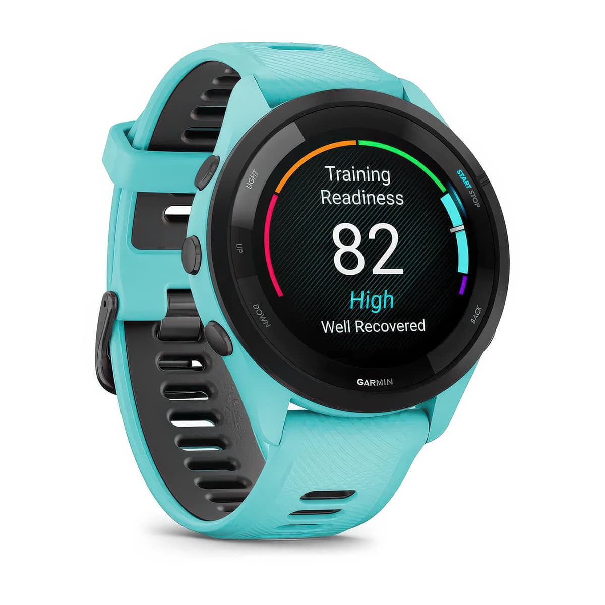 Front-right product shot of the Garmin Forerunner 265 showing Training Readiness feature in Aqua-Black