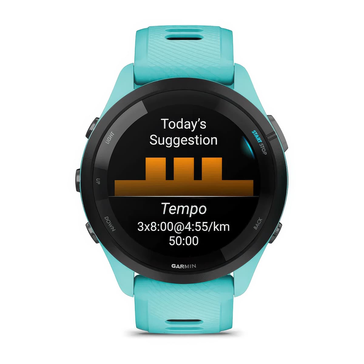 Front product shot of the Garmin Forerunner 265 showing Daily Suggested Workouts feature in Aqua-Black