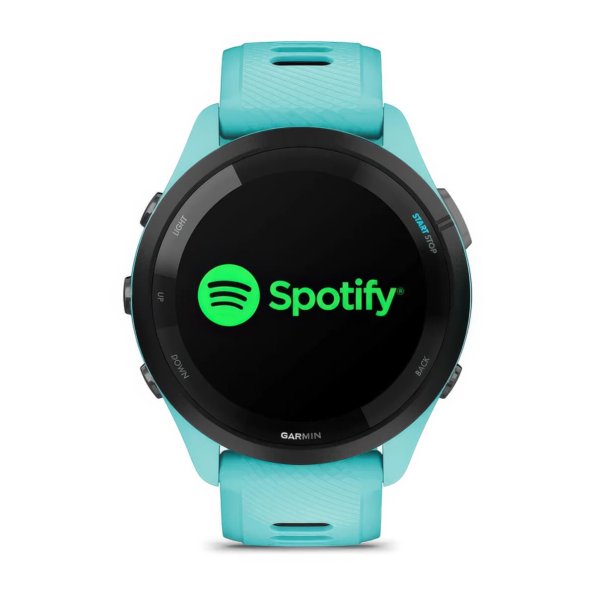 Front product shot of the Garmin Forerunner 265 showing Spotify music feature in Aqua-Black
