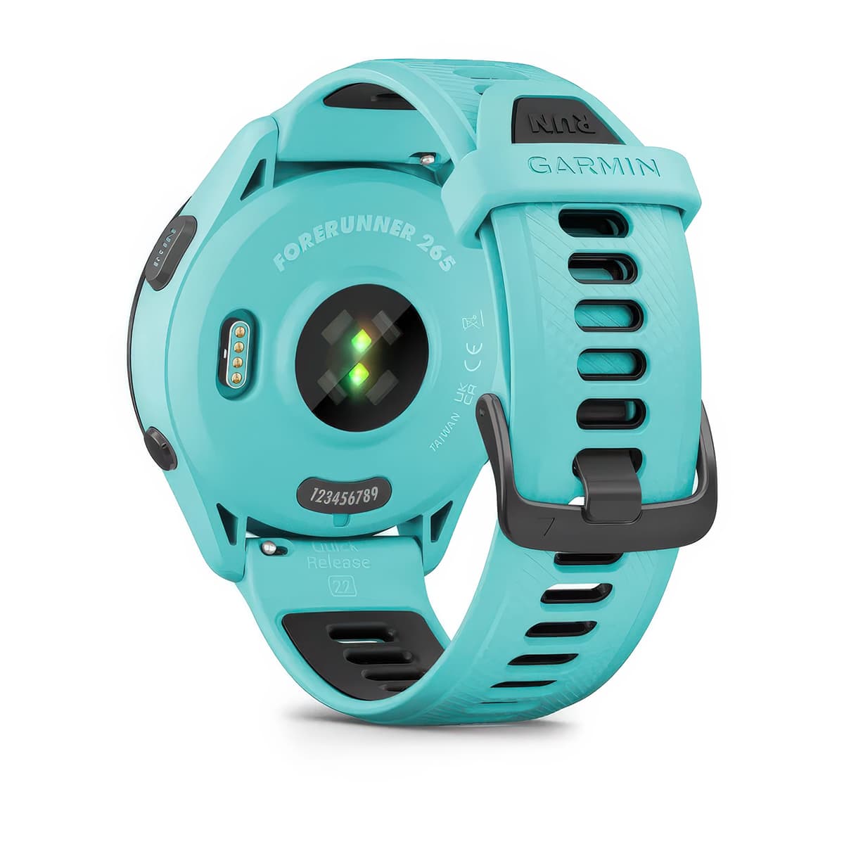 Rear product shot of the Garmin Forerunner 265 showing back sensor in Aqua-Black