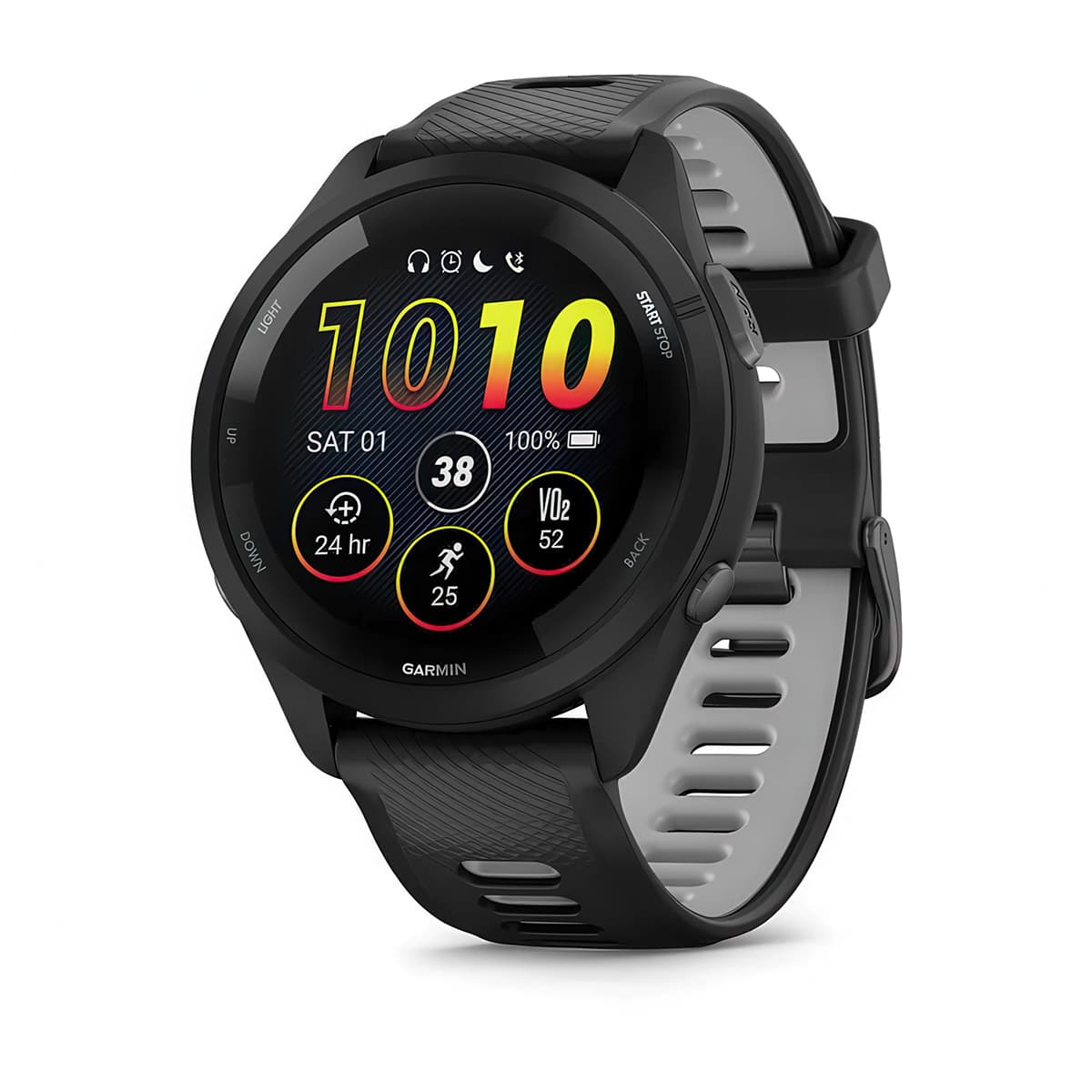 Front-left product shot of the Garmin Forerunner 265 showing Glances feature in Black-Powder Grey