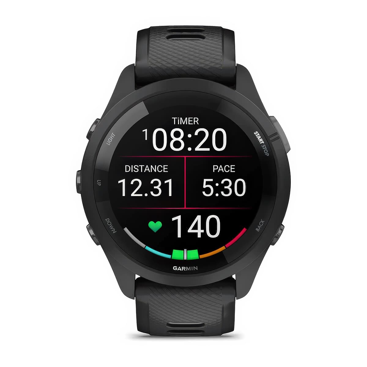 Front product shot of the Garmin Forerunner 265 showing pace and distance stats in Black-Powder Grey