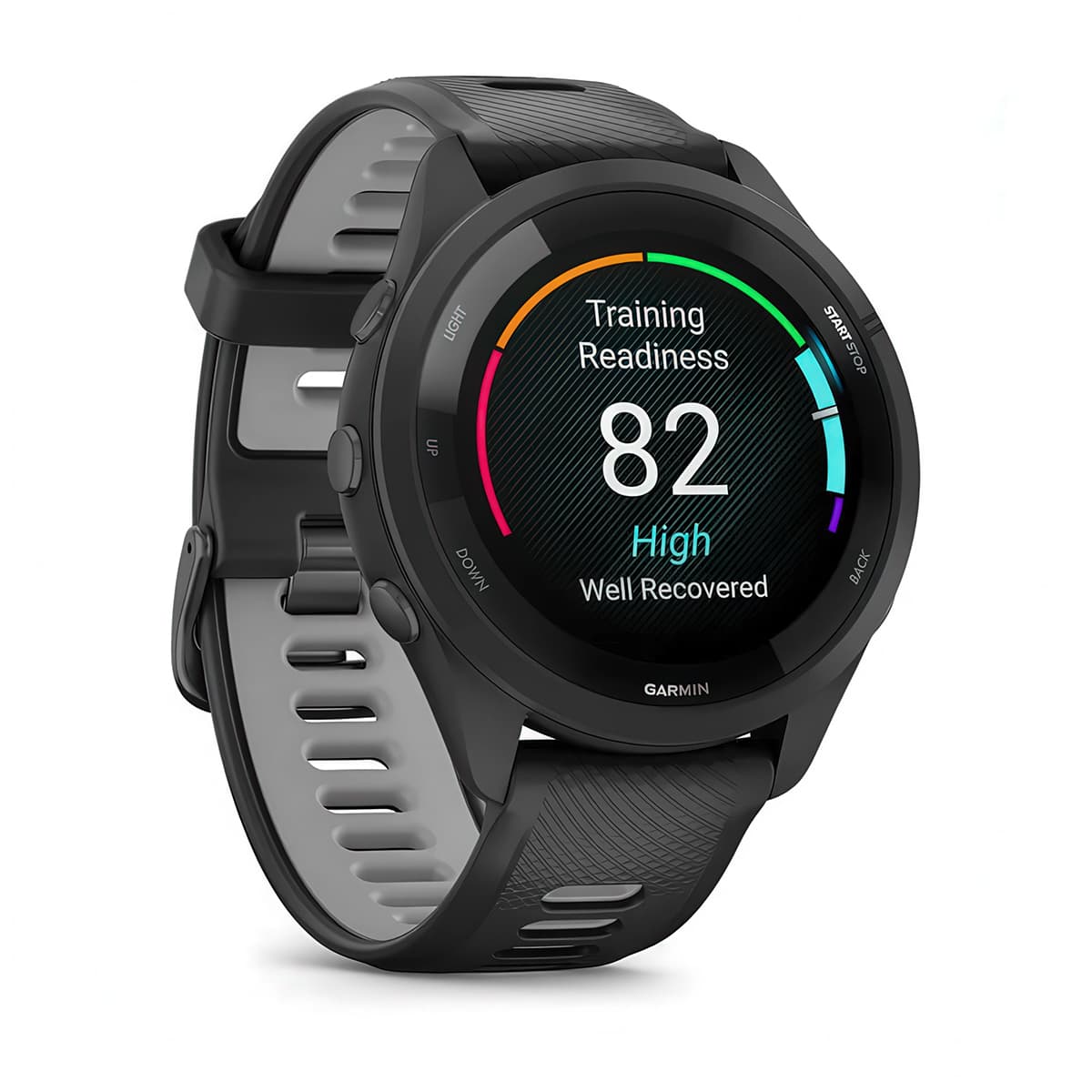 Front-right product shot of the Garmin Forerunner 265 showing Training Readiness feature in Black-Powder Grey