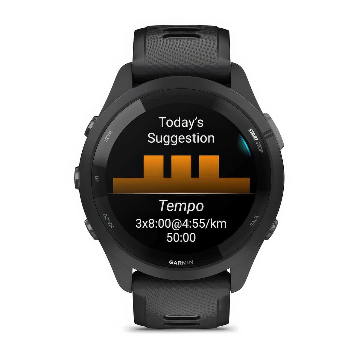 Front product shot of the Garmin Forerunner 265 showing Daily Suggested Workouts feature in Black-Powder Grey