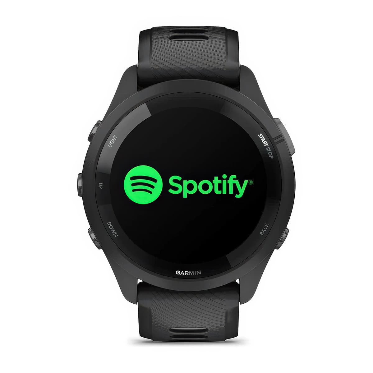 Front product shot of the Garmin Forerunner 265 showing Spotify music feature in Black-Powder Grey