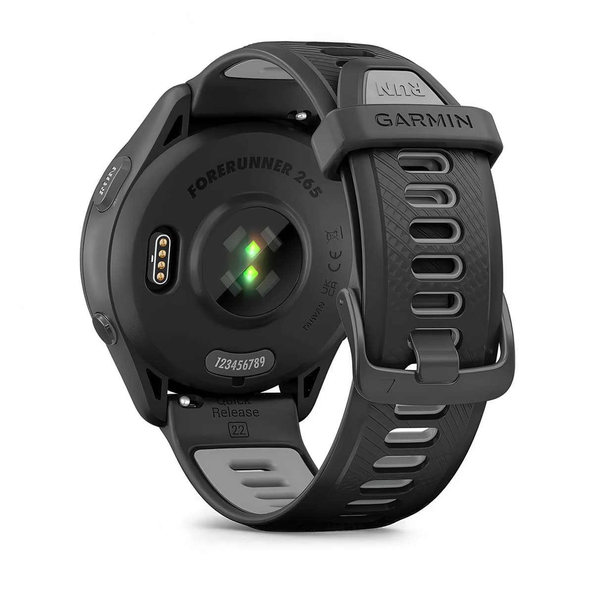 Rear product shot of the Garmin Forerunner 265 showing back sensor in Black-Powder Grey