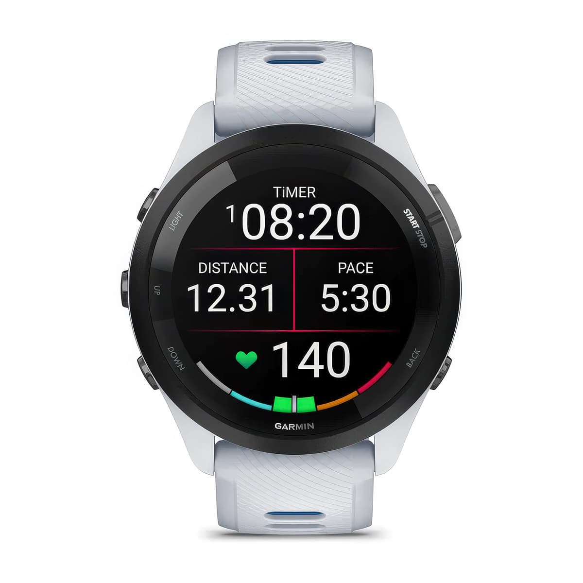 Front product shot of the Garmin Forerunner 265 showing pace and distance stats in Whitestone-Tidal #color_whitestone-tidal