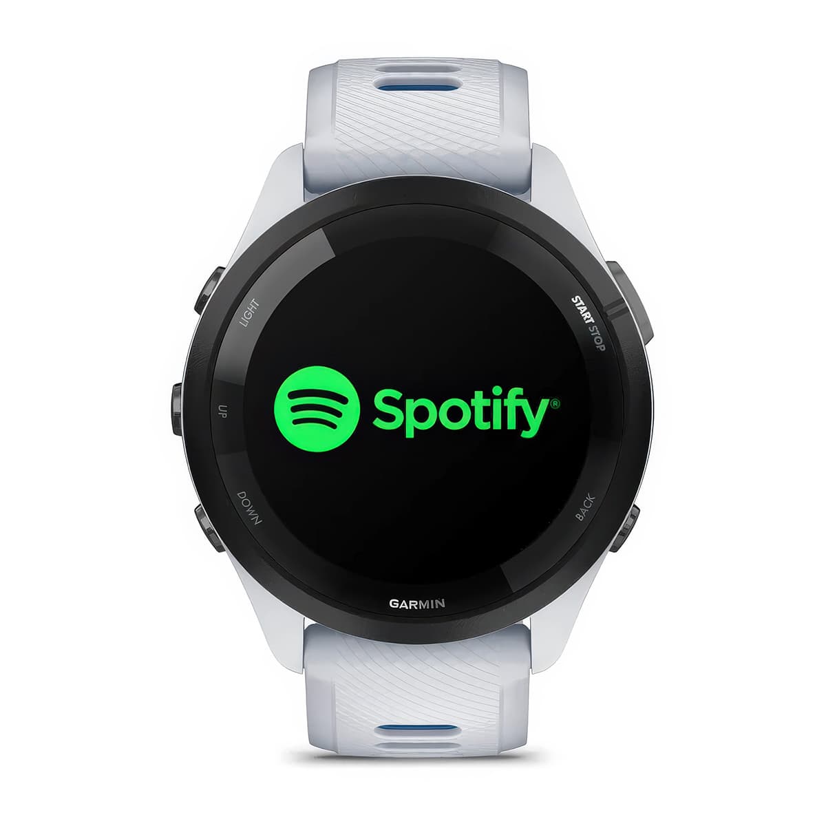 Front product shot of the Garmin Forerunner 265 showing Spotify music feature in Whitestone-Tidal