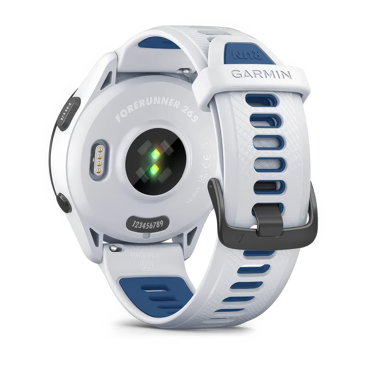 Rear product shot of the Garmin Forerunner 265 showing back sensor in Whitestone-Tidal