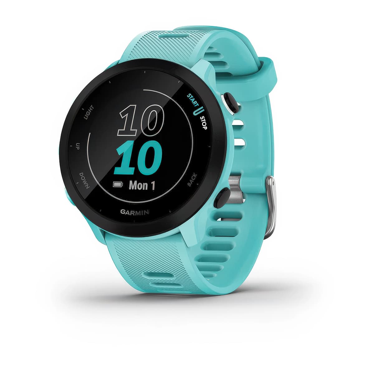 Front product shot of the Garmin Forerunner 55 in Aqua