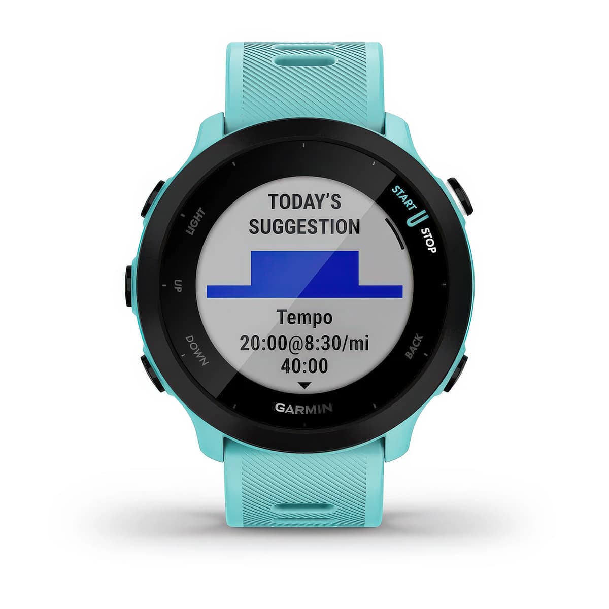Front product shot of the Garmin Forerunner 55 showing Daily Suggested Workouts feature in Aqua