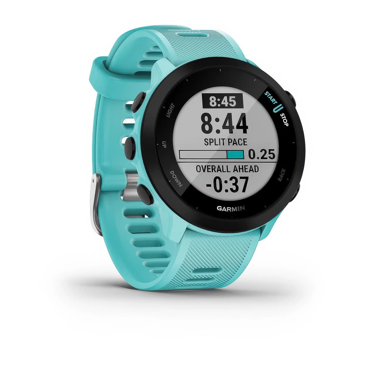 ront-right product shot of the Garmin Forerunner 55 showing PacePro™ feature in Aqua